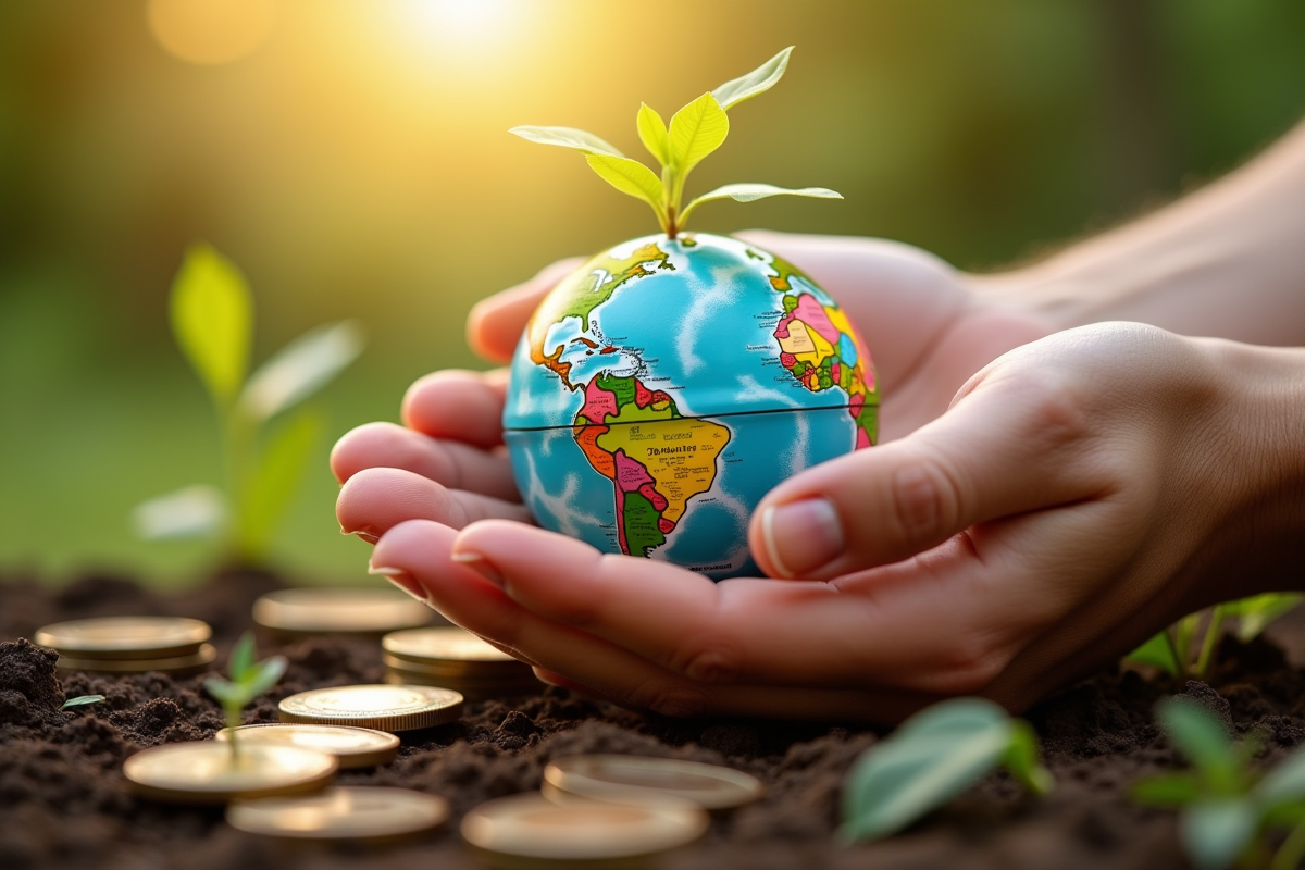 Mains tenant un globe avec pièces et jeunes pousses