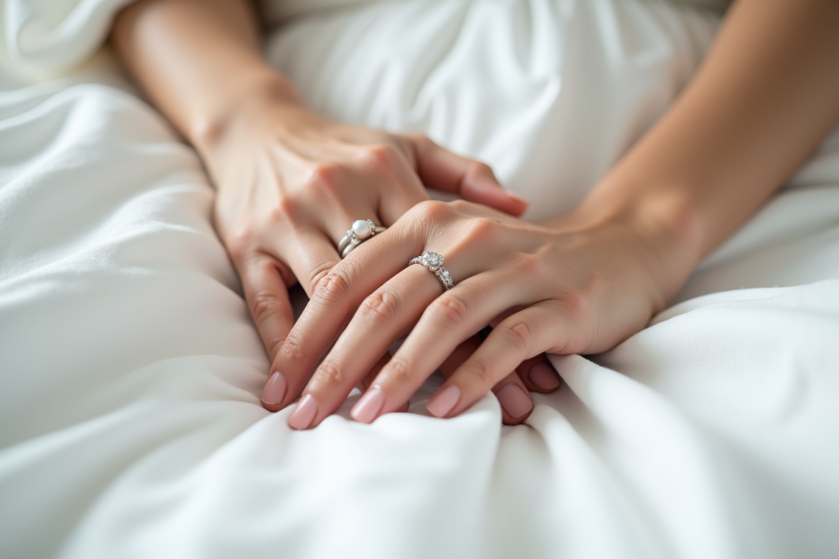 Mains entrelacees avec bagues de mariage sur draps blancs