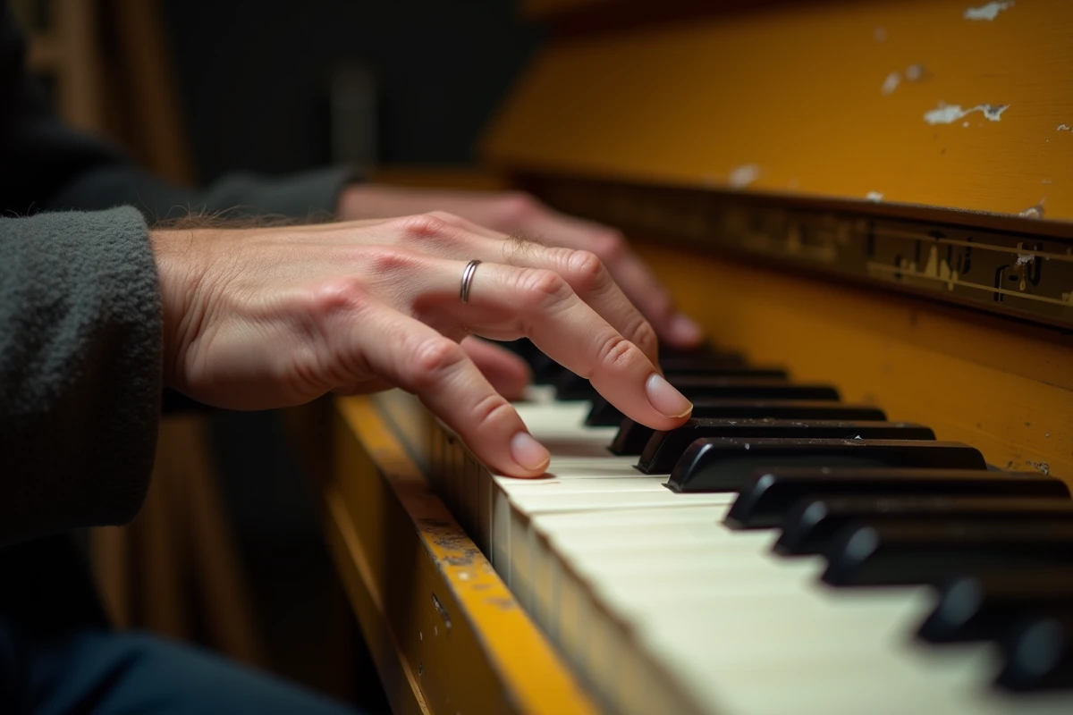 Gros plan sur des mains de pianiste jouant un accord de si bémol sur un vieux piano droit usé