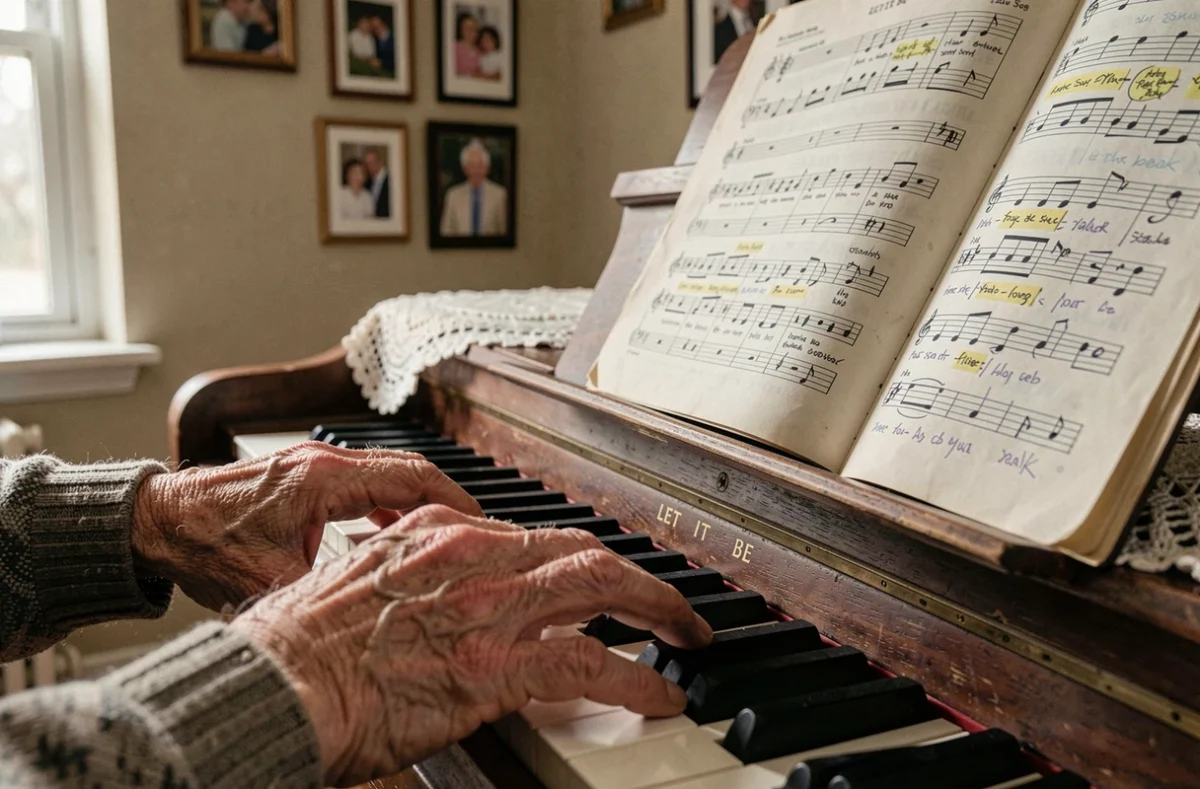 Mains d'un pianiste âgé jouant la partition gospel de Let It Be avec des annotations au crayon