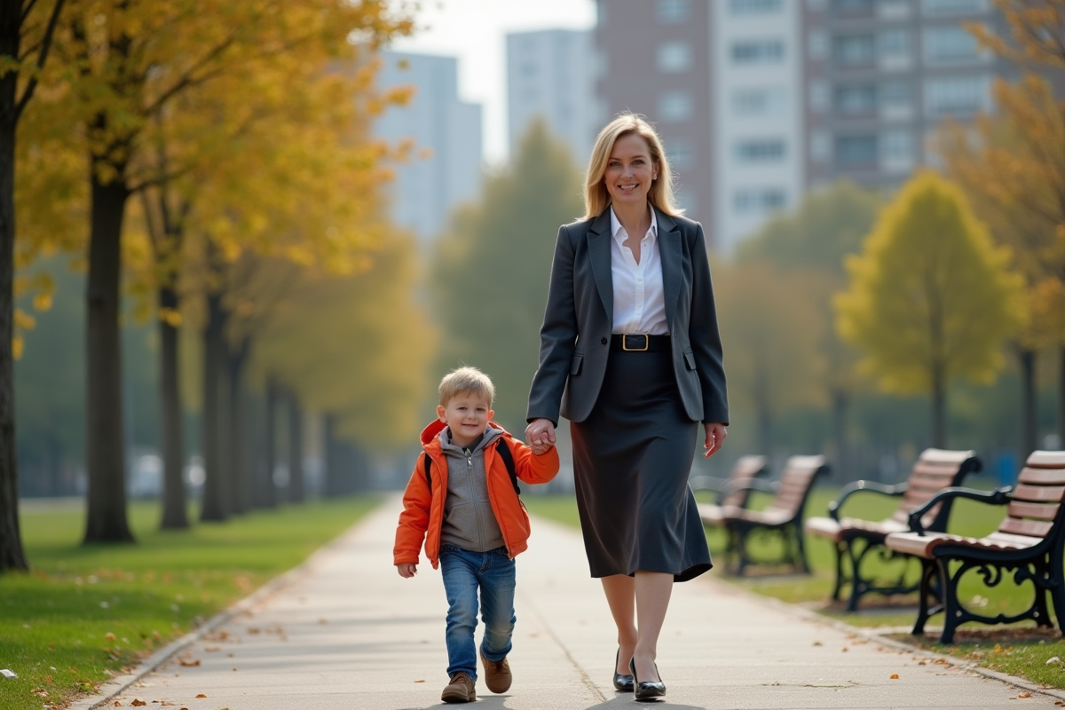 Femme et enfant marchent dans un parc urbain en matinée