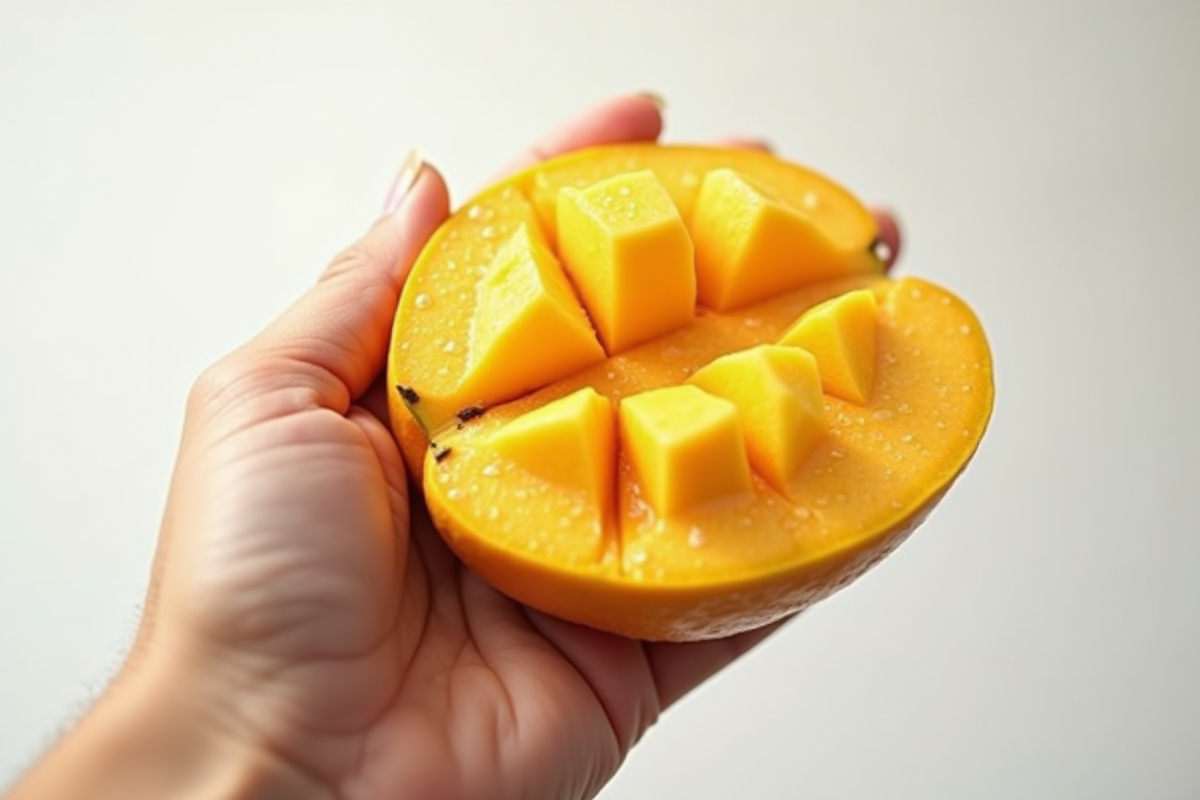 Main tenant une mangue mûre coupée pour révéler sa chair juteuse