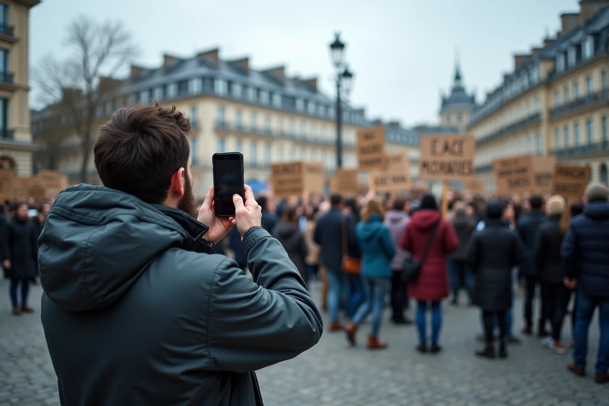 Manifestation politique en place publique française avec des pancartes artisanales et une architecture haussmannienne en arrière-plan