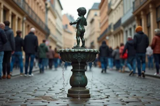 La statue Manneken Pis à Bruxelles vue depuis le bas avec des touristes en arrière-plan sur les pavés de la Grand-Place