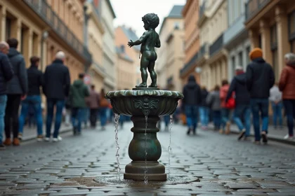 La statue Manneken Pis à Bruxelles vue depuis le bas avec des touristes en arrière-plan sur les pavés de la Grand-Place