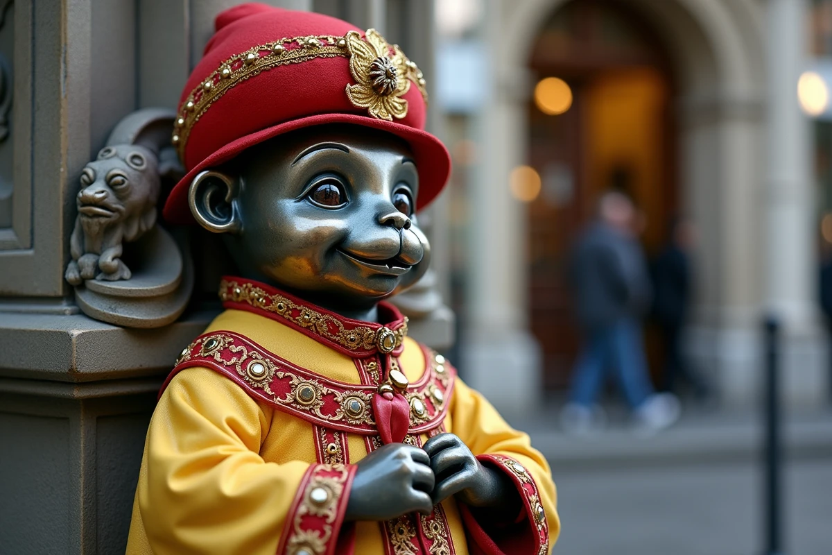 Gros plan du Manneken Pis habillé d'un costume cérémoniel brodé à Bruxelles montrant les détails de la statuette