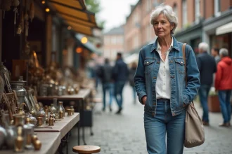 Femme d'âge moyen cherchant des objets vintage au marché aux puces