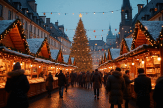 Marché de Noël européen animé au crépuscule avec sapin illuminé