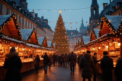 Marché de Noël européen animé au crépuscule avec sapin illuminé