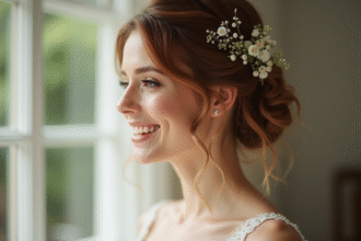 Mariée joyeuse avec coiffure romantique et fleurs