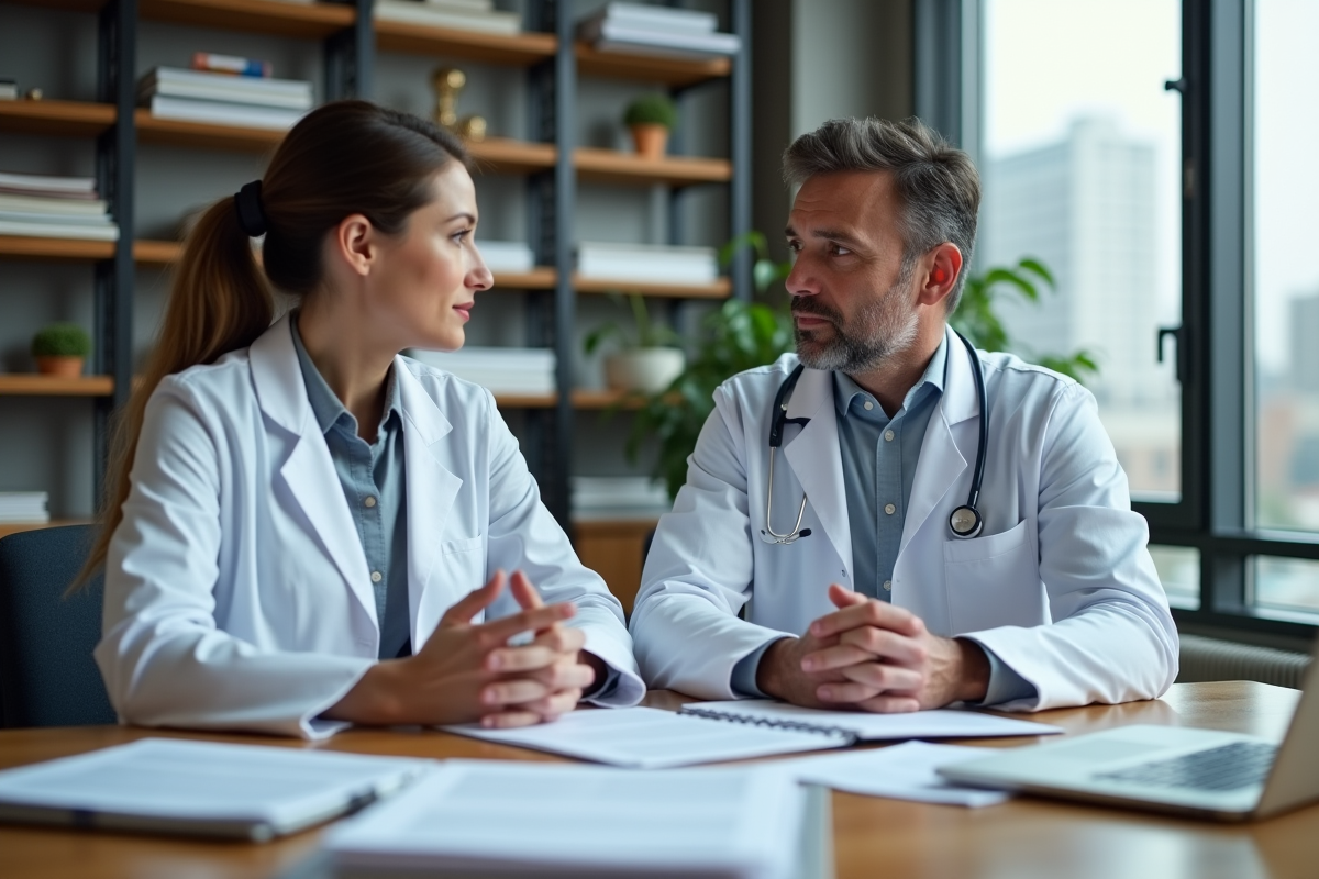Deux médecins discutant dans un bureau avec livres et papiers