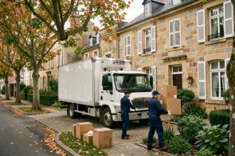 Camion de déménagement devant une maison en pierre en Maine-et-Loire avec deux déménageurs professionnels portant des cartons