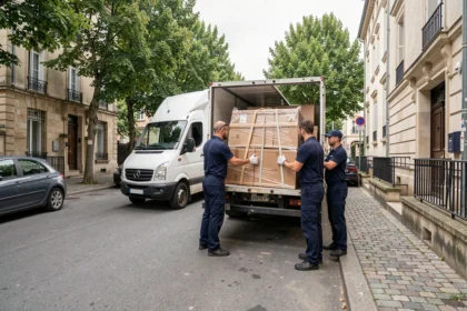 Équipe de déménageurs professionnels chargeant un camion blanc dans une rue résidentielle française