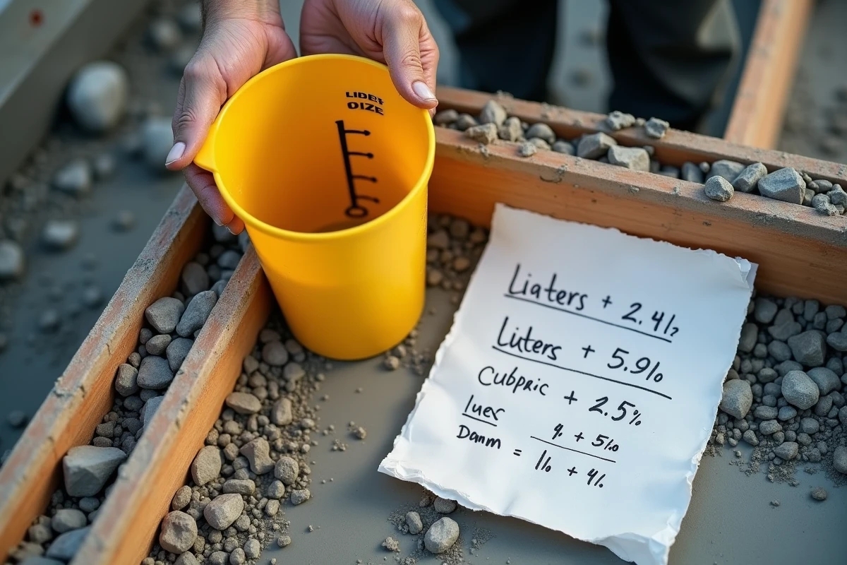 Mains d'ouvrier tenant un récipient gradué en litres sur un coffrage en béton avec tableau de conversion litres mètres cubes manuscrit