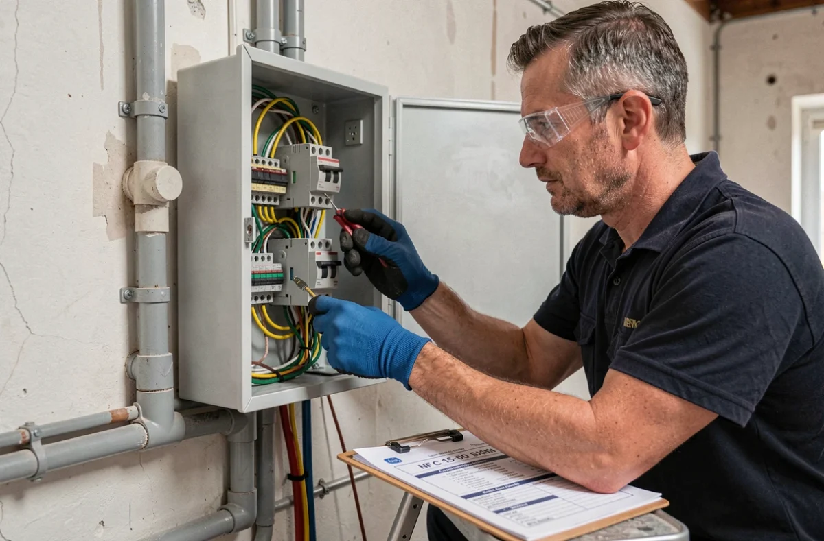 Électricien vendéen inspectant un tableau électrique ouvert lors d'une mise aux normes NF C 15-100