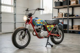 Moto de type Dax avec un kit déco neuf dans un garage