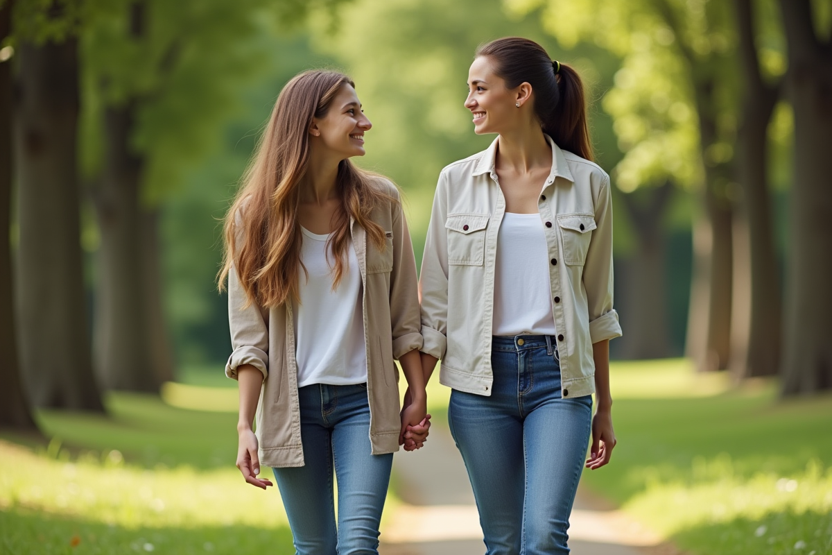 Mère et fille adolescente se promenant dans un parc en harmonie