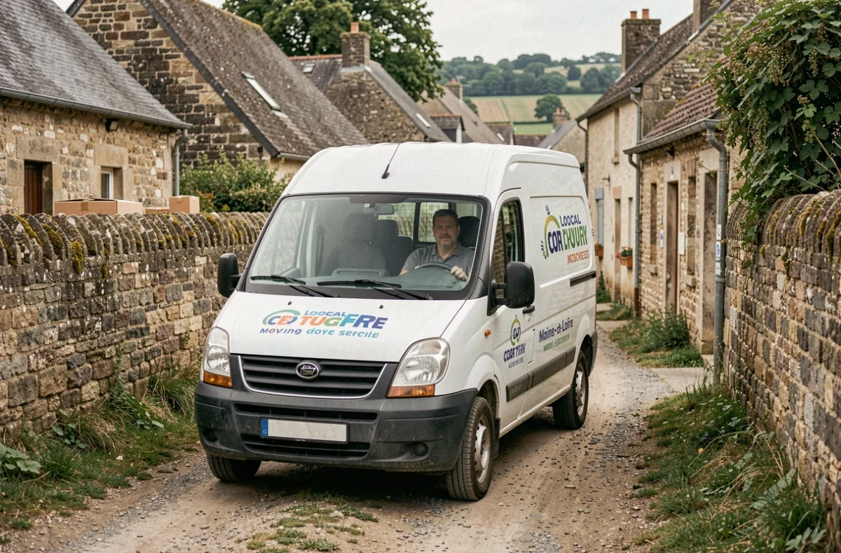 Fourgon de livraison Multicourses dans une rue étroite d'un village du Maine-et-Loire avec des colis visibles à l'intérieur