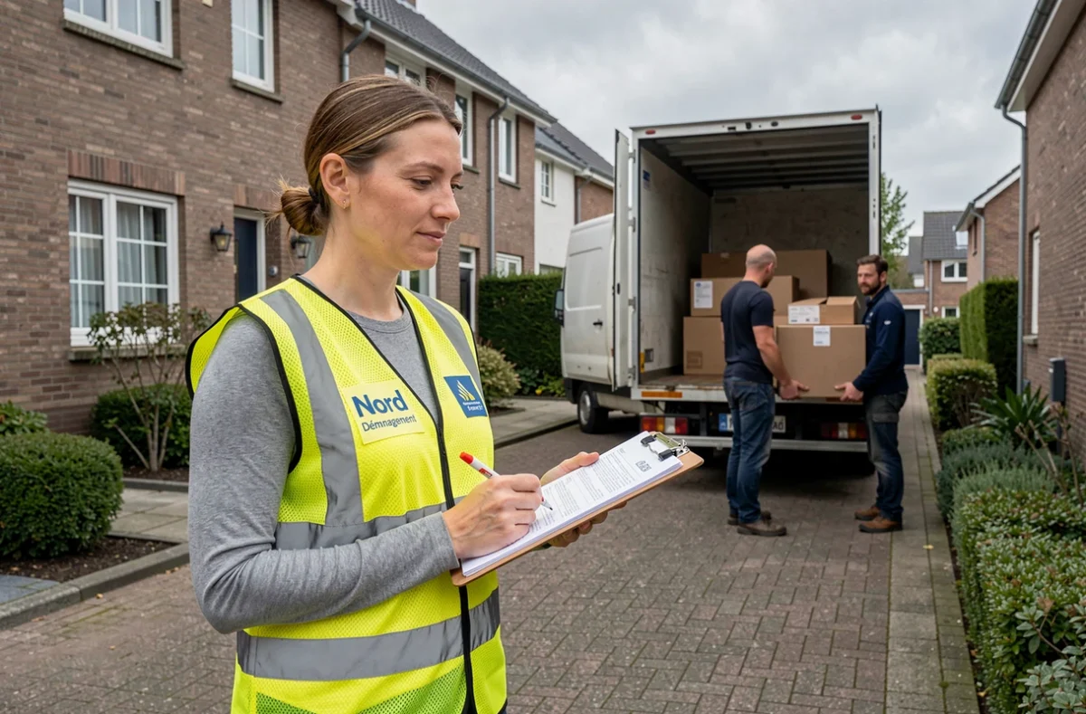Coordinatrice de Nord Déménagement à Beauvais supervisant le chargement d'un camion avec un clipboard