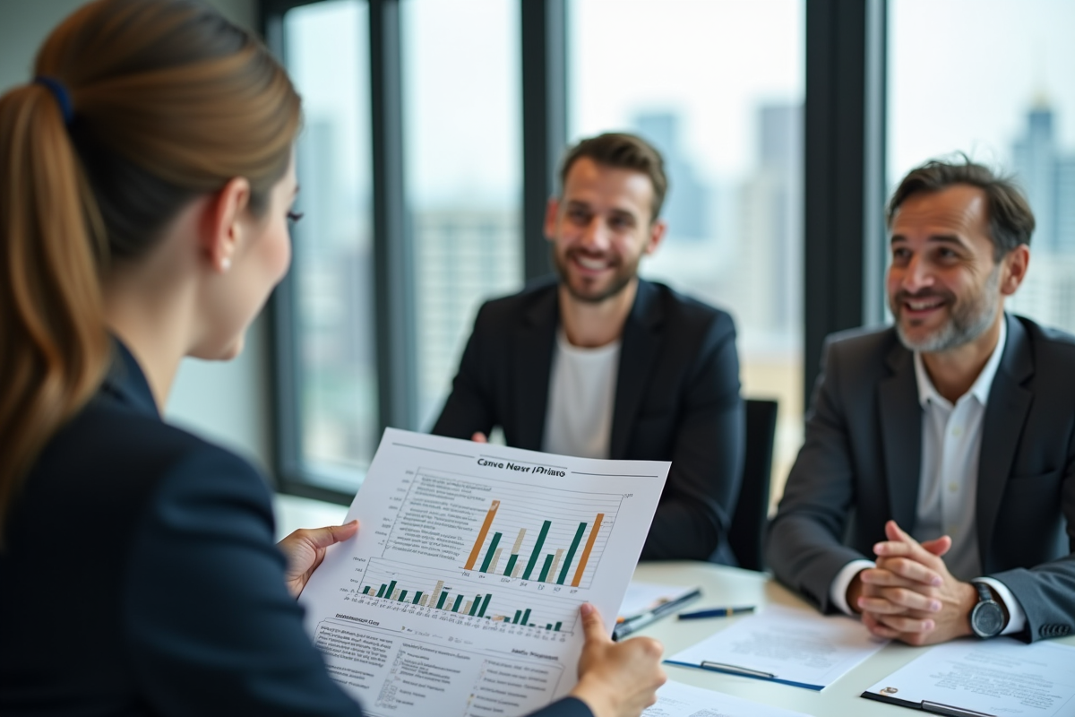 Jeune notaire montrant un graphique à un couple