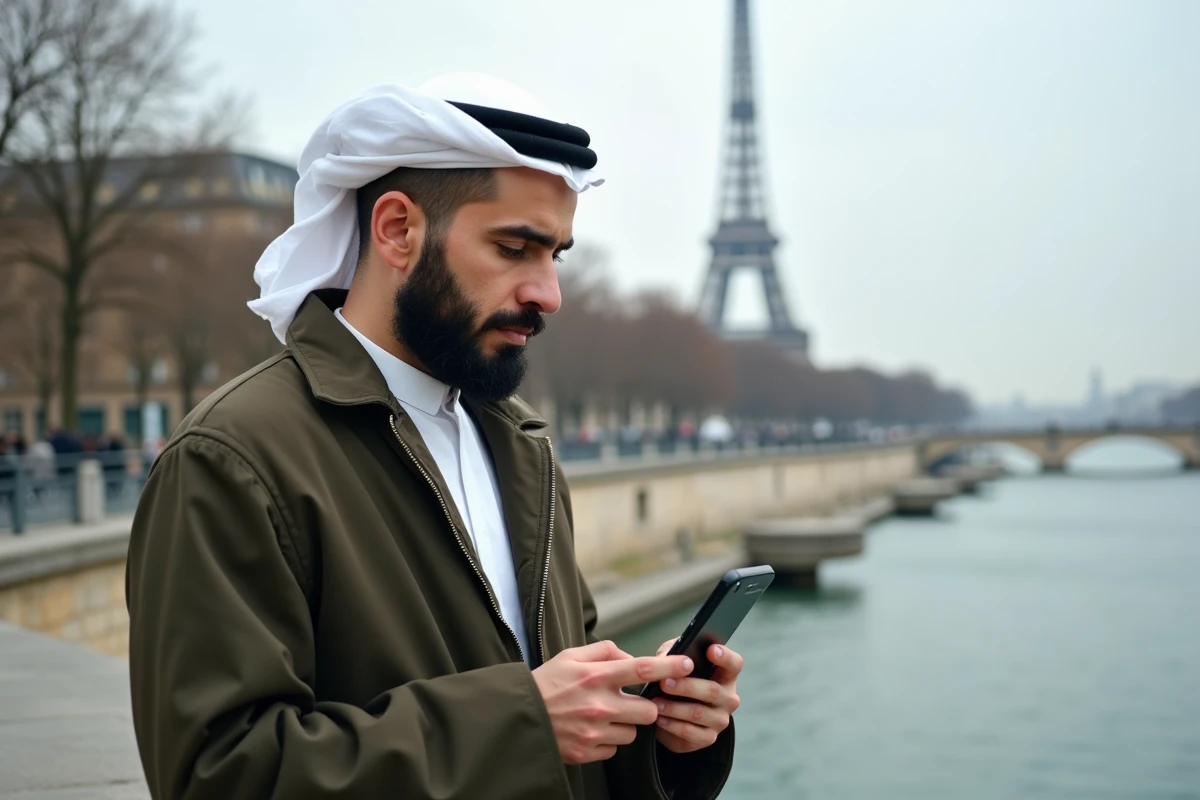 Homme recevant une notification d'heure de prière sur son smartphone au bord de la Seine à Paris