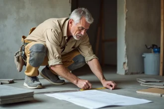 Ouvrier mesurant la surface d'un sol en chantier avant de calculer les volumes de chape et de carrelage