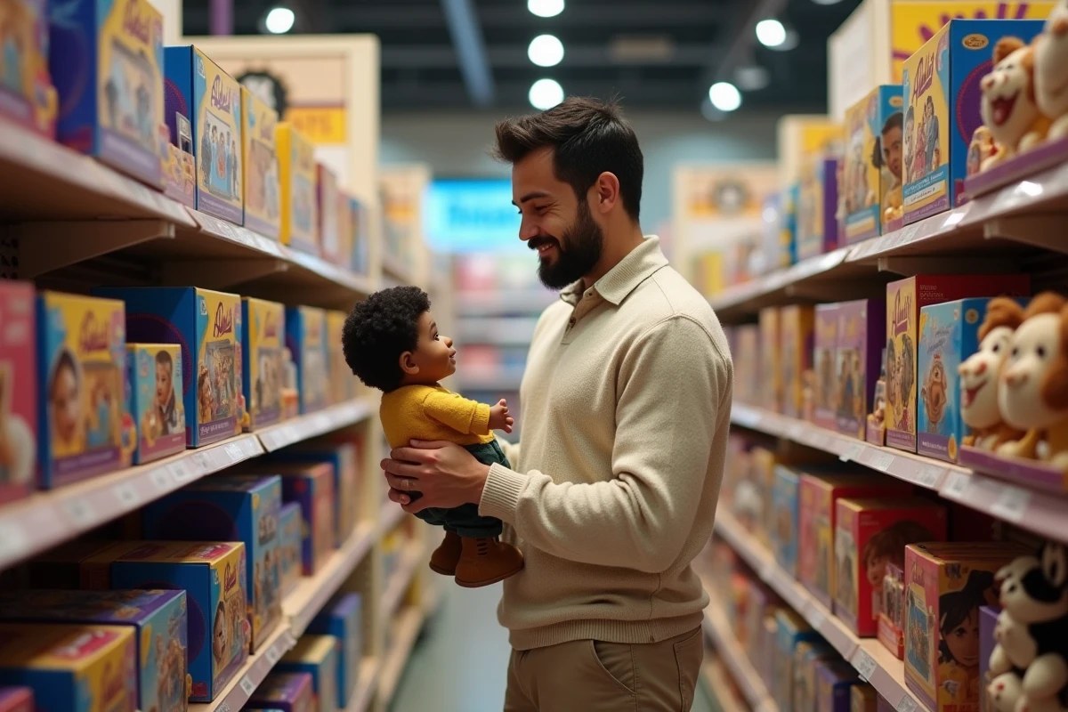 Pere regardant un jouet Abu dans un magasin de jouets