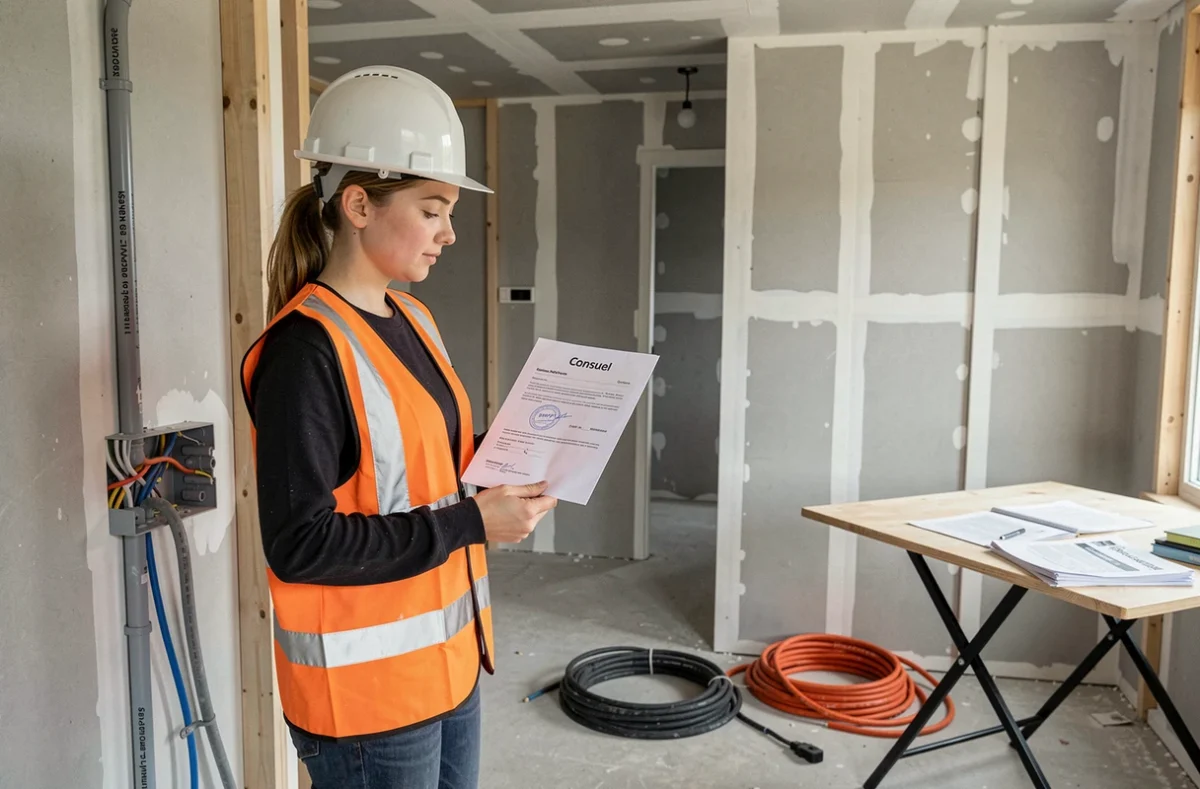 Électricienne tenant une attestation Consuel dans une maison en construction en Vendée lors du parcours de conformité