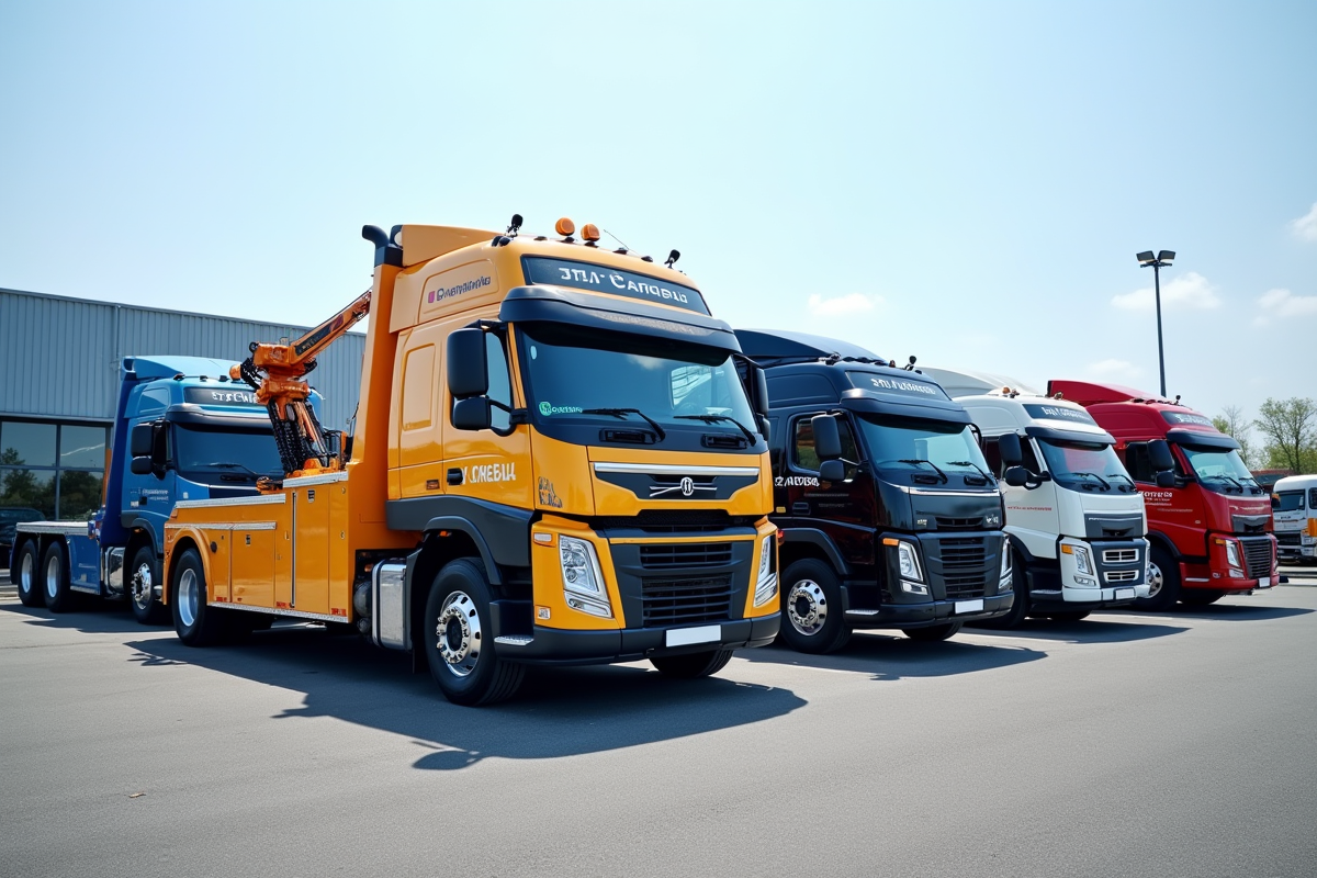 Plusieurs camions de dépannage modernes garés dans un concessionnaire