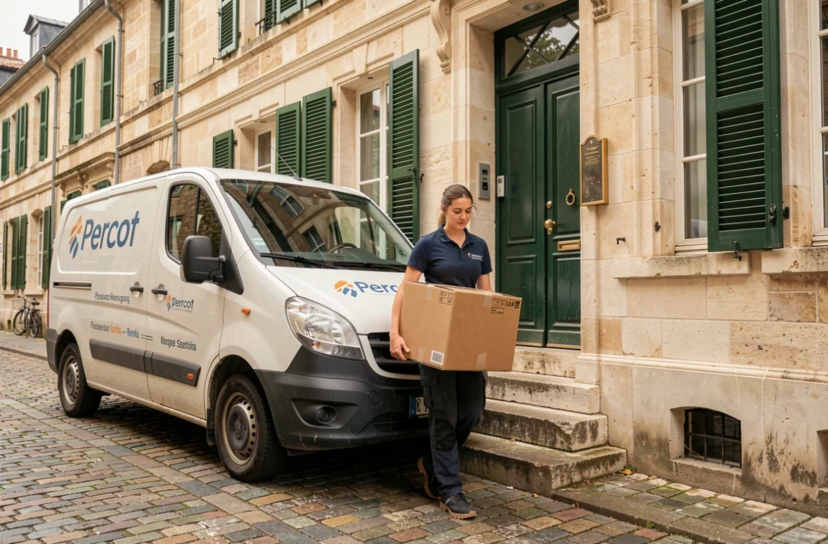 Employée de l'entreprise Percot à Senlis portant un carton lors d'un déménagement