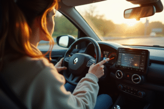 Personne assise dans une voiture Renault lumineuse en train d'entrer un code radio