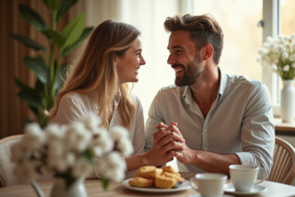 Couple souriant lors d'un petit déjeuner romantique