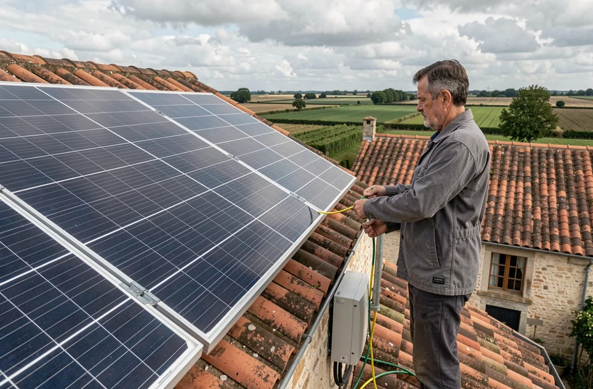 Électricien raccordant des panneaux photovoltaïques sur le toit d'une maison vendéenne pour l'autoconsommation