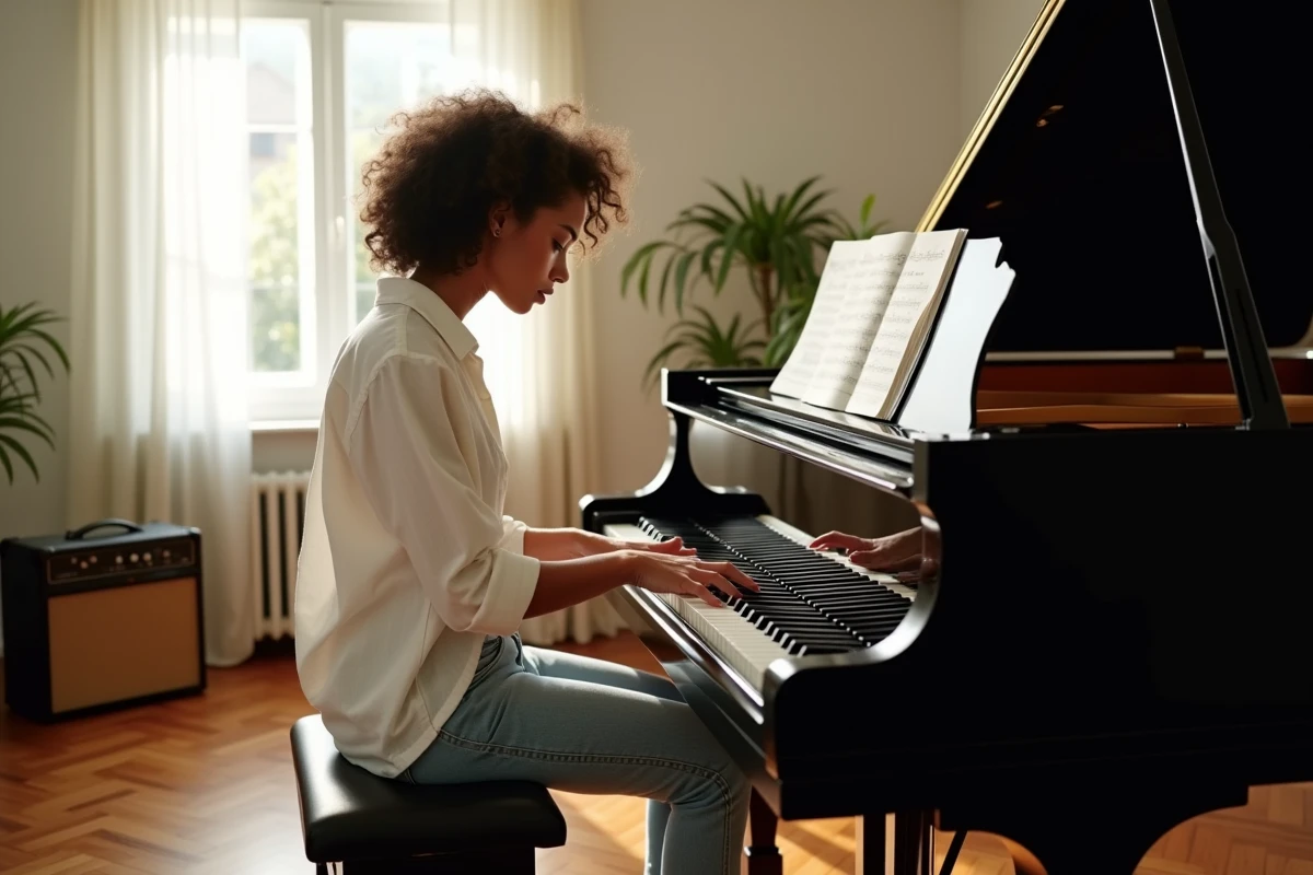 Jeune femme pianiste jouant du blues sur un piano à queue dans un studio maison lumineux