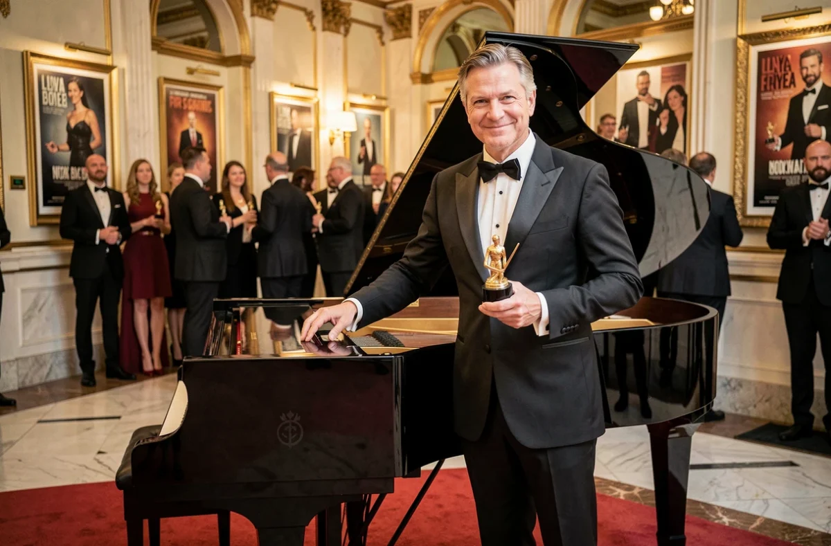 Pianiste français en smoking noir tenant un trophée lors d'une cérémonie de récompenses cinématographiques à côté d'un piano à queue