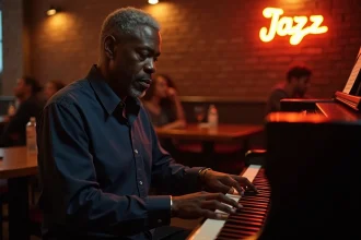 Pianiste de jazz jouant un accord de si bémol sur un piano droit dans un club de jazz atmosphérique