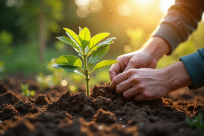 Mains de jardinier plantant un jeune figuier dans la terre