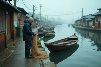 Pêcheur japonais inspectant ses filets dans un petit port traditionnel avec bateaux en bois et entrepôts côtiers