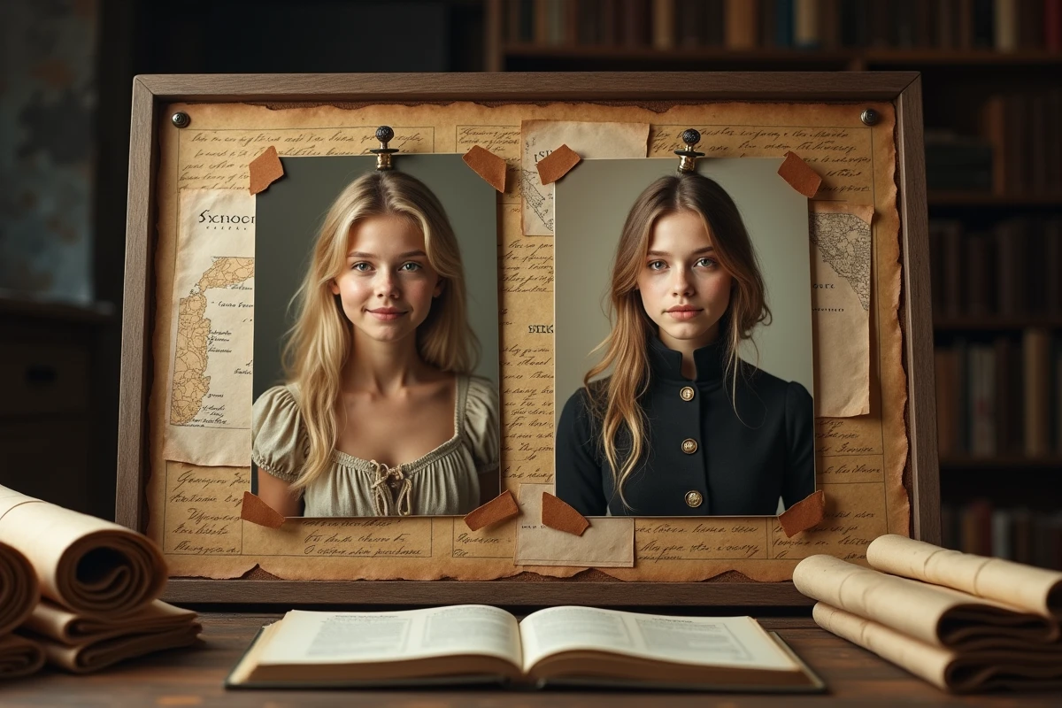 Deux portraits côte à côte sur un tableau de liège avec notes manuscrites, représentant la dualité entre Christa et Historia Reiss d'Attack on Titan, symbolisant une enquête sur leur identité commune