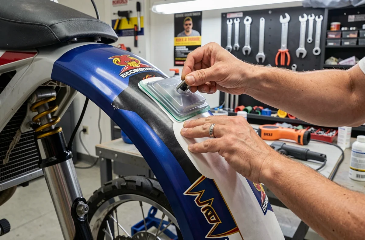 Pose d'un autocollant sur le garde-boue d'une moto avec une raclette