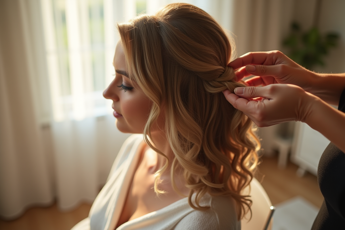 Préparation nuptiale avec tresse dans cheveux ondules