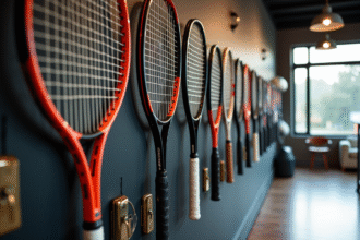 Vitrine de raquettes de tennis modernes en magasin