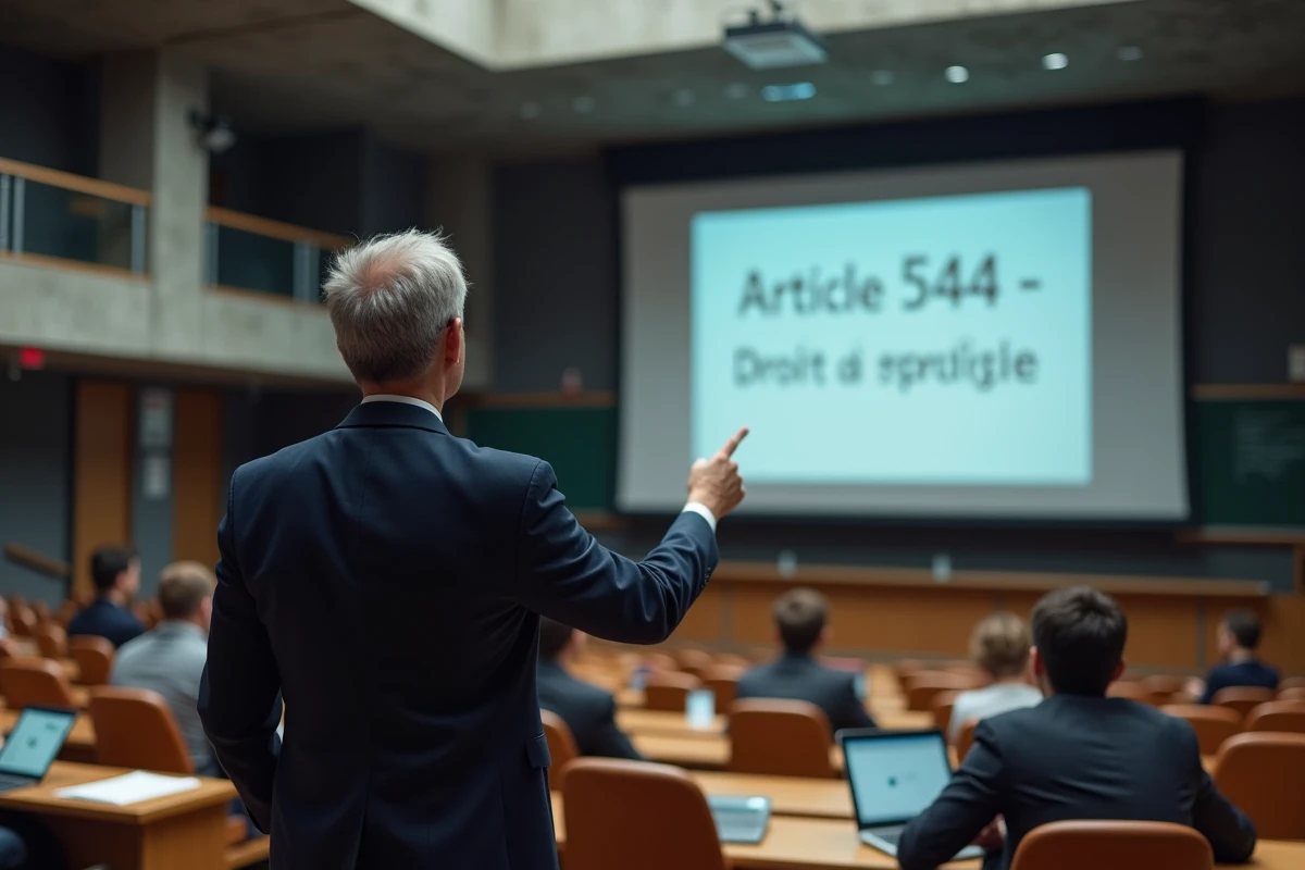 Professeur de droit expliquant l'article 544 du Code civil dans un amphithéâtre universitaire lors d'un cours magistral