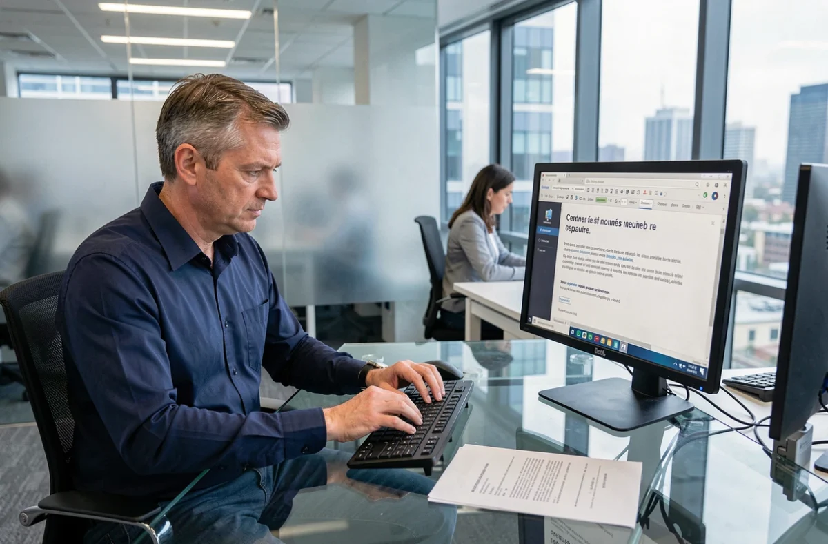 Professionnel en open space utilisant un logiciel de correction orthographique français sur ordinateur de bureau