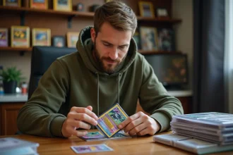 Homme rangeant une carte Pokémon holographique dans une protection rigide transparente sur un bureau en bois