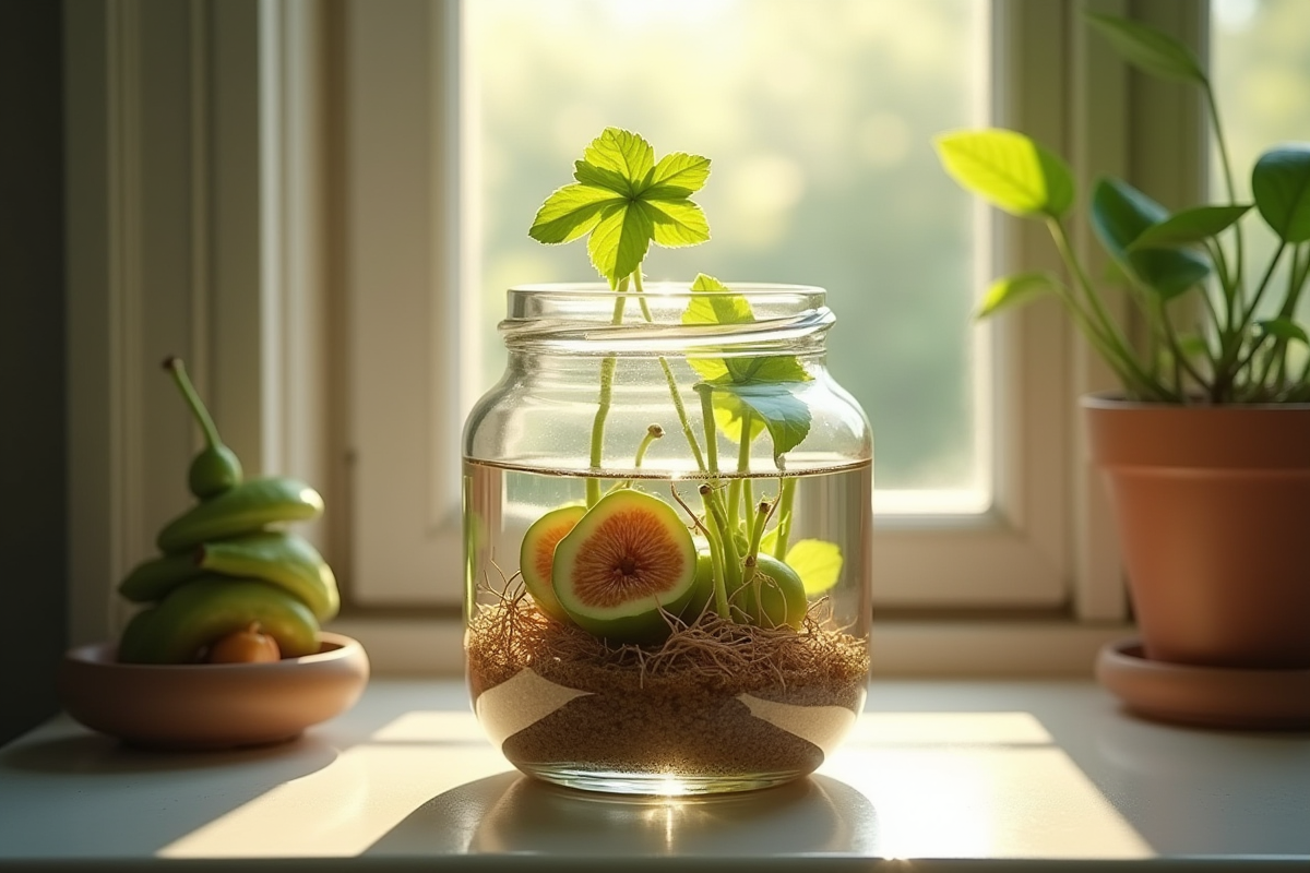 Figuiers en racines dans un verre sur le rebord de fenêtre