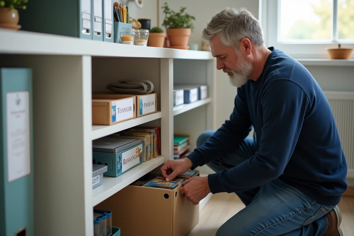 Homme rangeant une boîte de stockage de cartes Pokémon Aventure Ensemble dans une étagère organisée à la maison