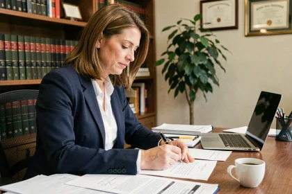 Femme professionnelle rédigeant une lettre pour avocat dans un bureau juridique organisé