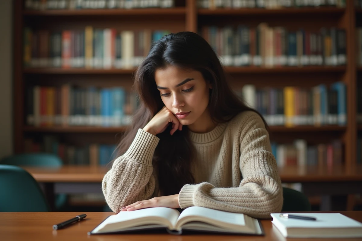 Jeune femme réfléchissant seule à la bibliothèque sur la question des blagues racistes et des limites de l'humour