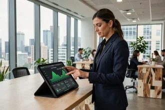 Responsable d'entreprise analysant des données de réduction de coûts et d'empreinte carbone sur une tablette dans un bureau moderne